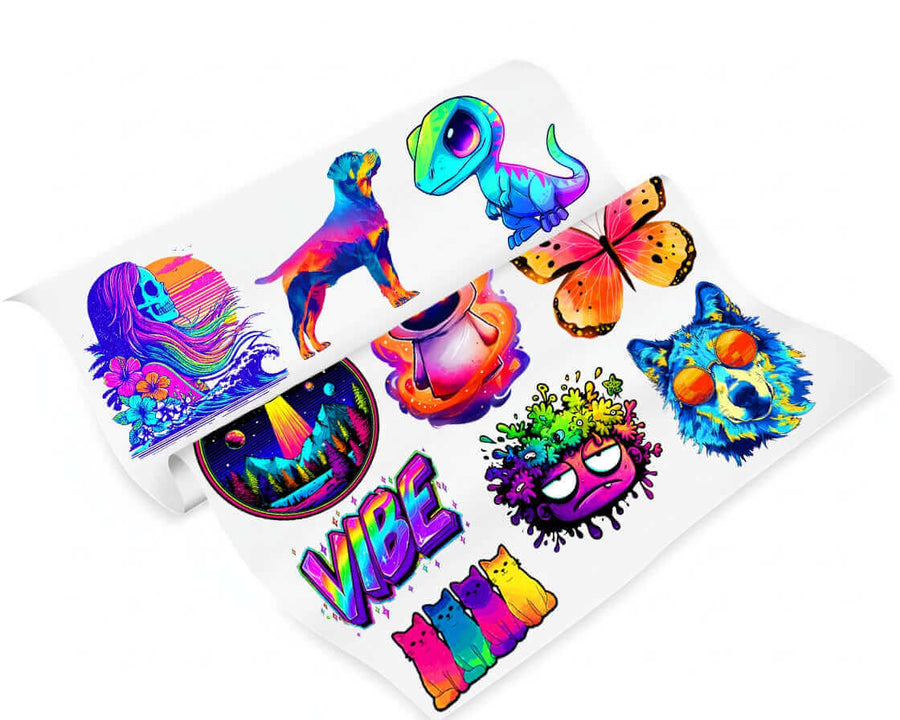 Colorful stickers showcasing fluorescent DTF printing with vibrant designs of animals, plants, and text.