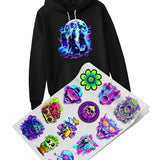 Fluorescent DTF printing designs on hoodies and vibrant stickers showcasing bold colors and unique artwork.