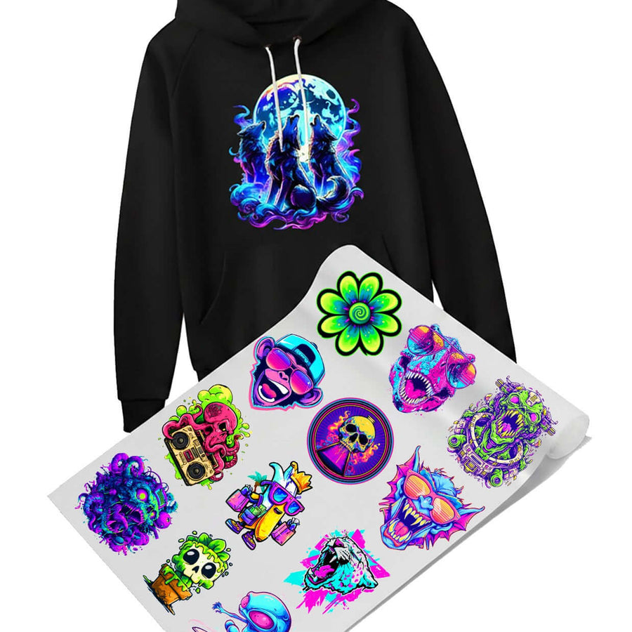Fluorescent DTF printing designs on hoodies and vibrant stickers showcasing bold colors and unique artwork.