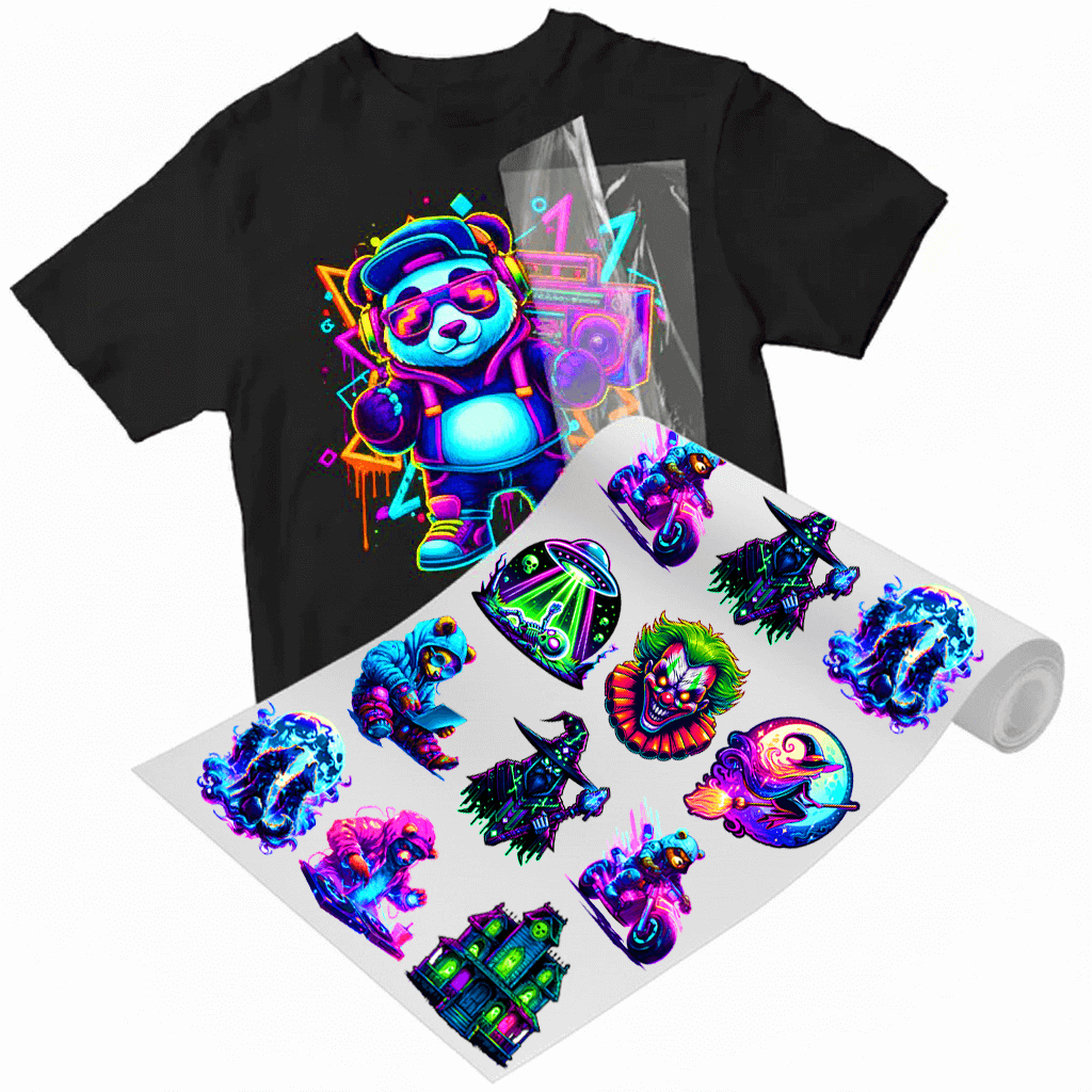 Fluorescent DTF printing showcased on a black shirt with vibrant designs and colorful transfer sheet.