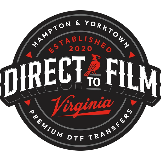 The Direct to Film Virginia badge — Hampton & Yorktown, established 2020, premium DTF transfers.