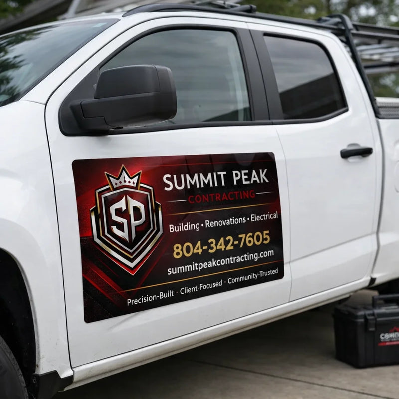 White truck with Summit Peak Contracting advertisement on the side.