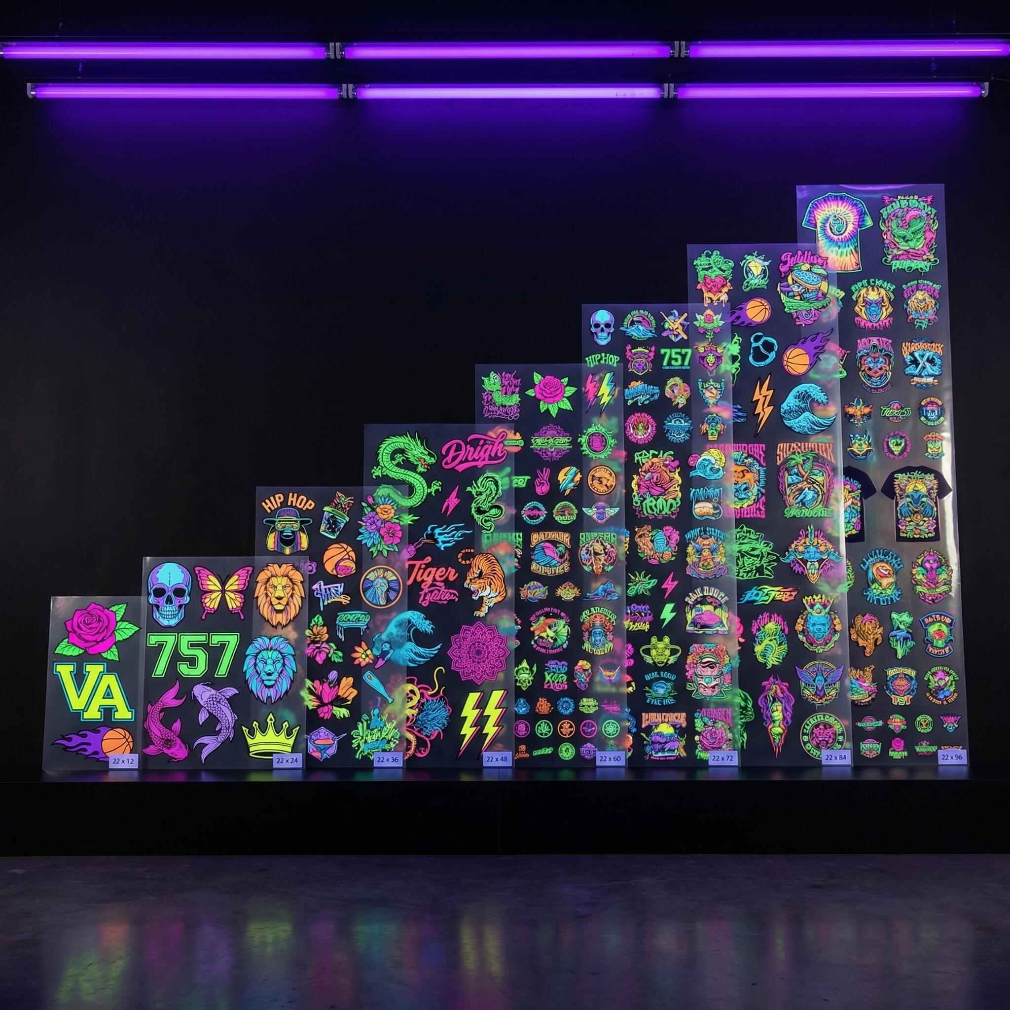 Custom Fluorescent DTF Transfers by Size - DTF Virginia - 