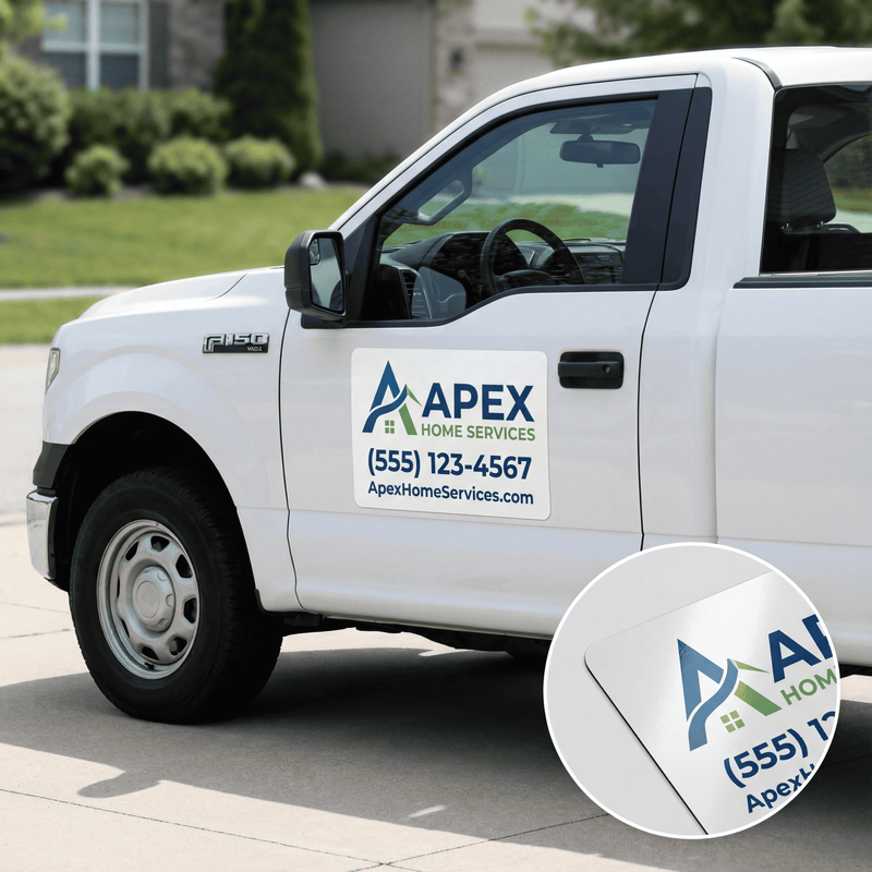 White truck with Apex Home Services logo and contact information on a driveway.