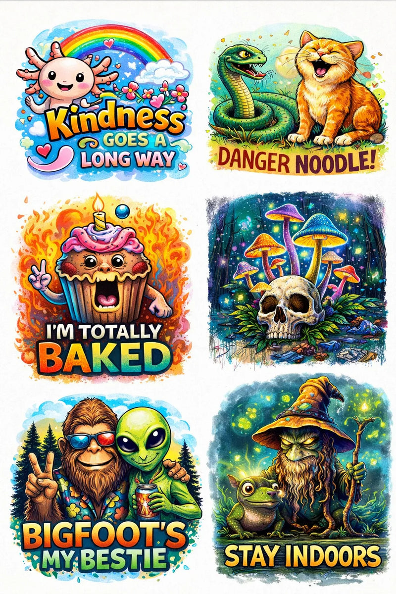 Collection of colorful stickers with various designs and text.
