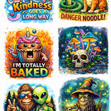 Collection of colorful stickers with various designs and text.