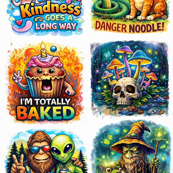 Collection of colorful stickers with various designs and text.