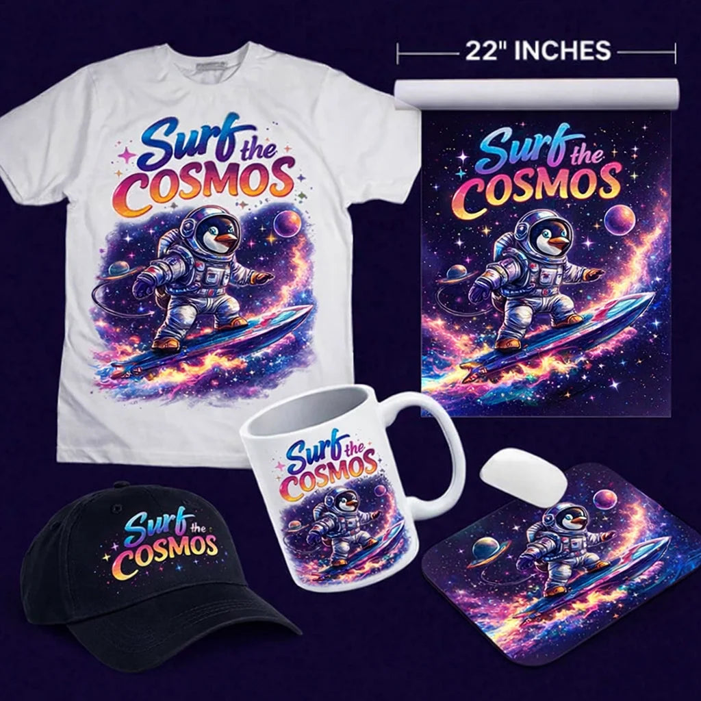 Collection of 'Surf the Cosmos' themed merchandise including a t-shirt, mug, mouse pad, and cap on a dark background.
