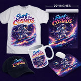 Collection of 'Surf the Cosmos' themed merchandise including a t-shirt, mug, mouse pad, and cap on a dark background.