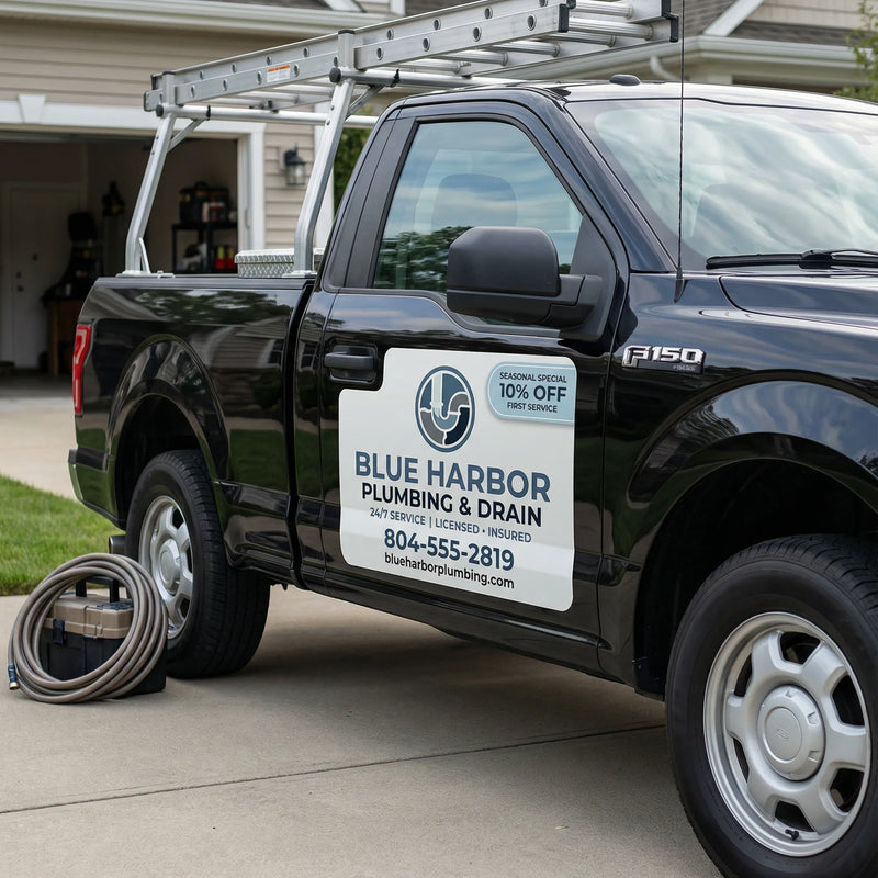 Black pickup truck with Blue Harbor Plumbing & Drain advertisement on a driveway