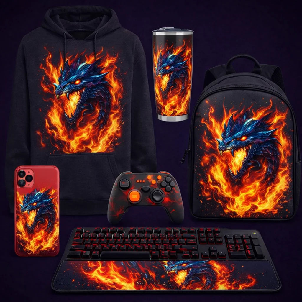 Collection of dragon-themed merchandise including a hoodie, tumbler, backpack, phone case, keyboard, and mouse pad on a dark background.