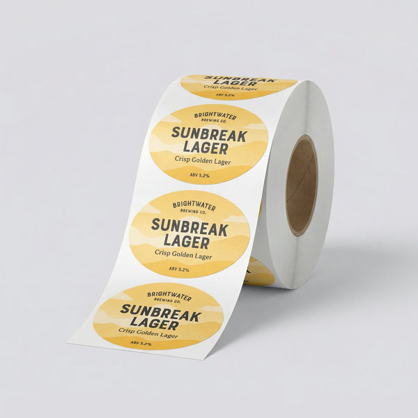 Roll of Sunbreak Lager labels on a light gray background