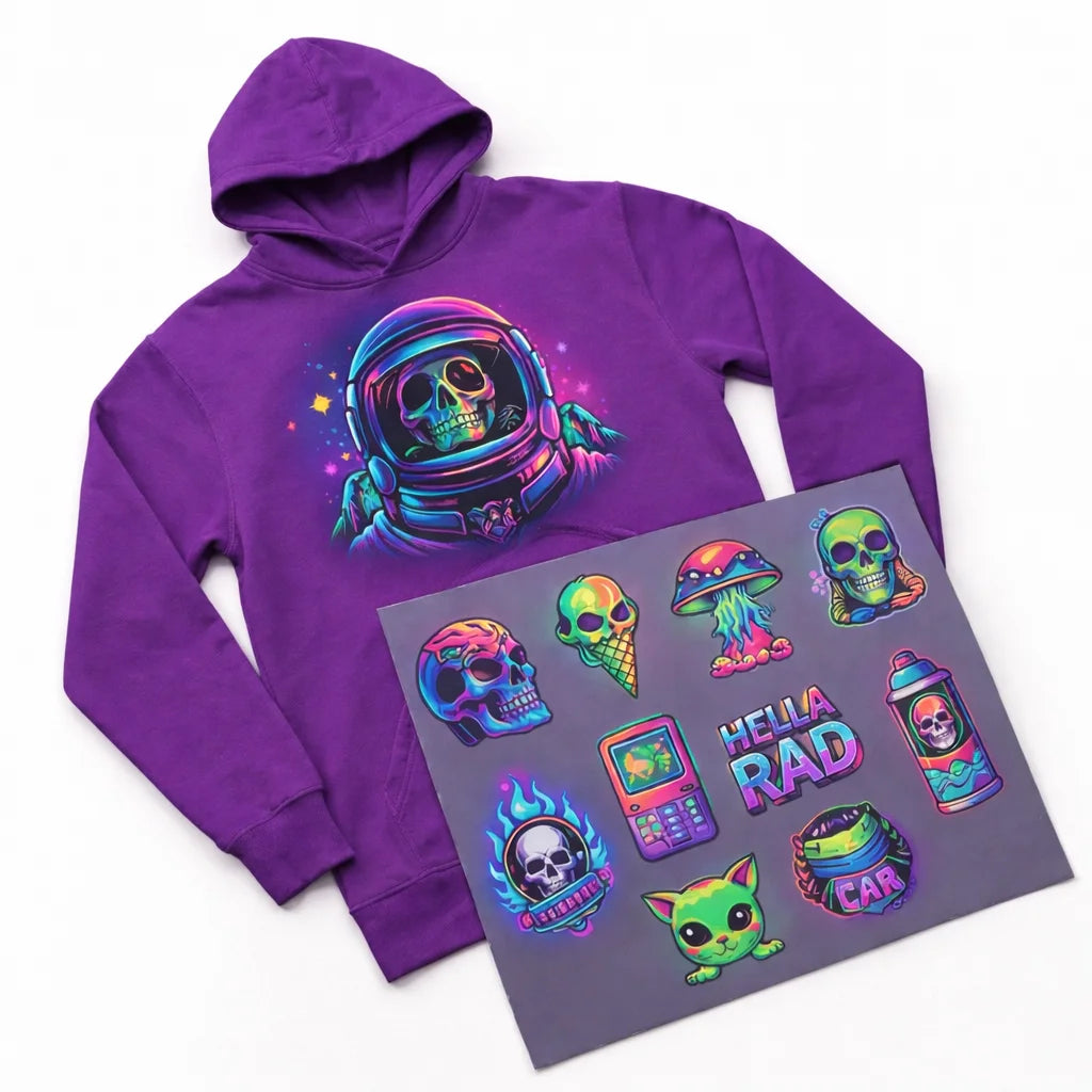 Purple hoodie with a colorful skull design and a sheet of matching stickers on a white background