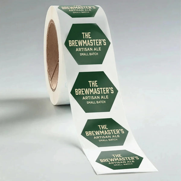 Roll of 'The Brewmaster's Artisan Ale' labels on a gray background