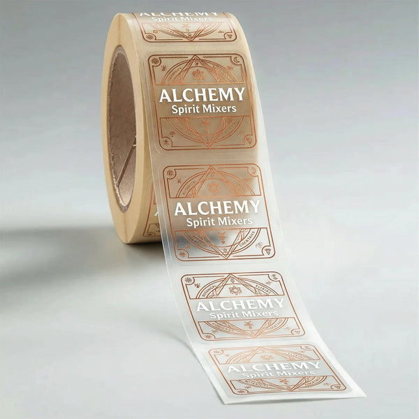 Roll of Alchemy Spirit Mixers labels on a gray background