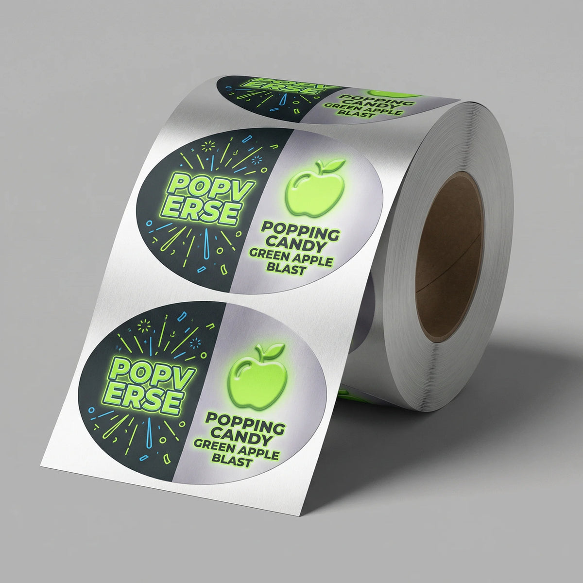 Roll of Popv Erse Popping Candy Green Apple Blast stickers on a gray background