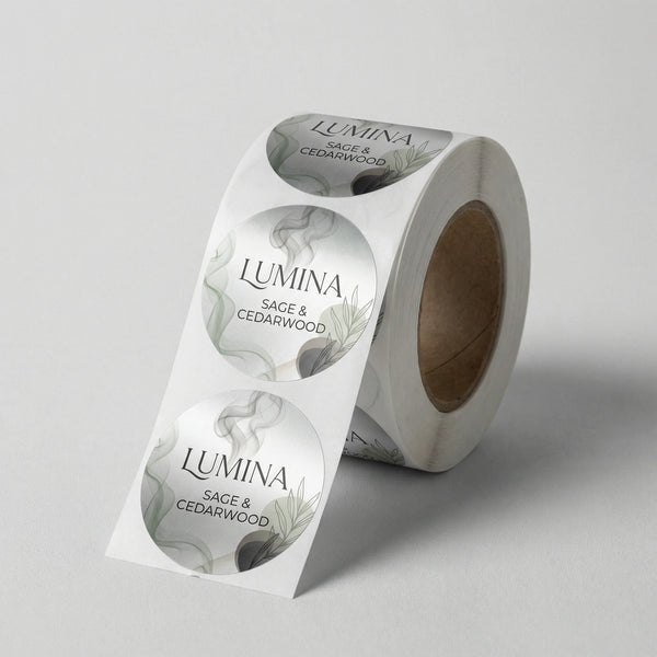 Roll of Lumina Sage & Cedarwood labels on a gray background
