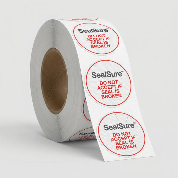 Roll of Sealsure labels with red text on a white background