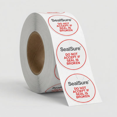 Roll of Sealsure labels with red text on a white background