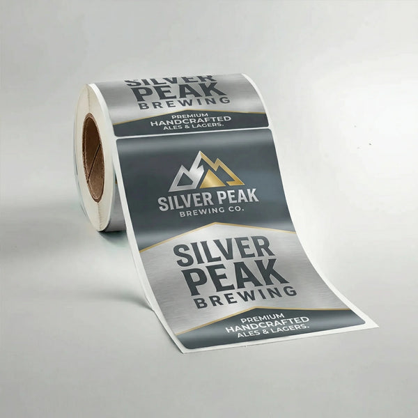 Roll of Silver Peak Brewing Company labels on a gray background