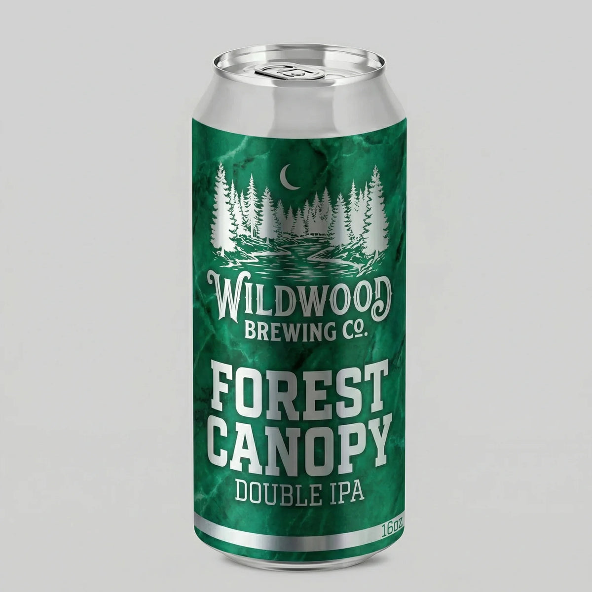 Green can of Wildwood Brewing Co. Forest Canopy Double IPA on a gray background