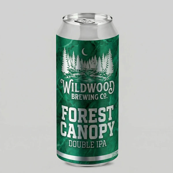 Green can of Wildwood Brewing Co. Forest Canopy Double IPA on a gray background