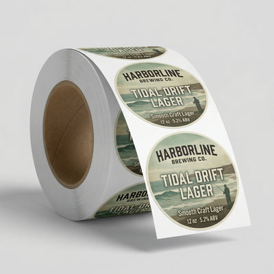 Roll of Harborline Brewing Co. Tidal Drift Lager labels on a white background