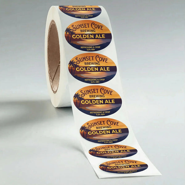 Roll of Sunset Cove Brewing Golden Ale labels on a gray background
