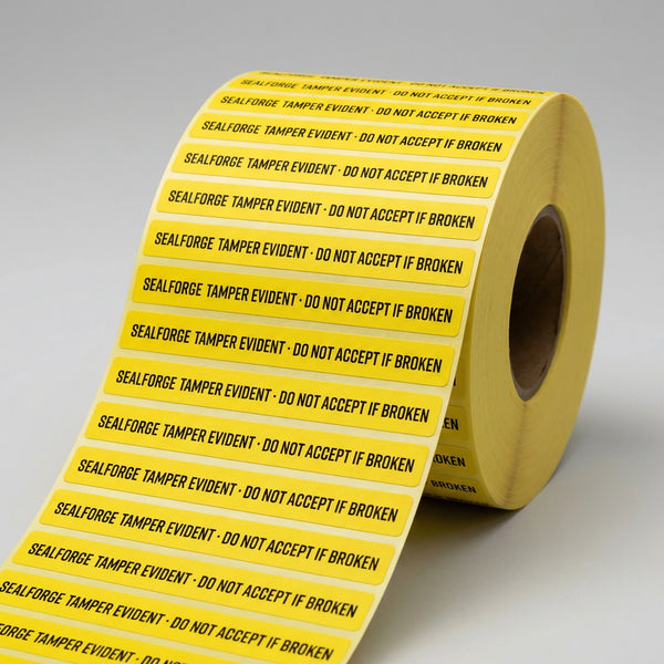 Roll of yellow labels with black text on a gray background