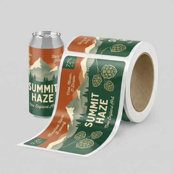 Roll of Summit Haze beer can labels on a gray background