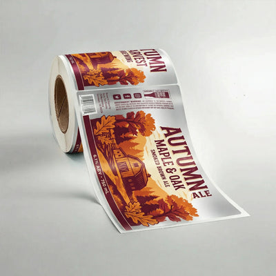 Roll of Autumn Maple & Oak Ale labels on a gray background