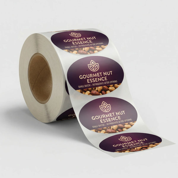 Roll of Gourmet Nut Essence labels on a white background