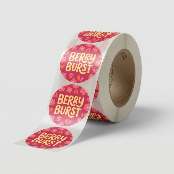 Roll of Berry Burst stickers on a white background