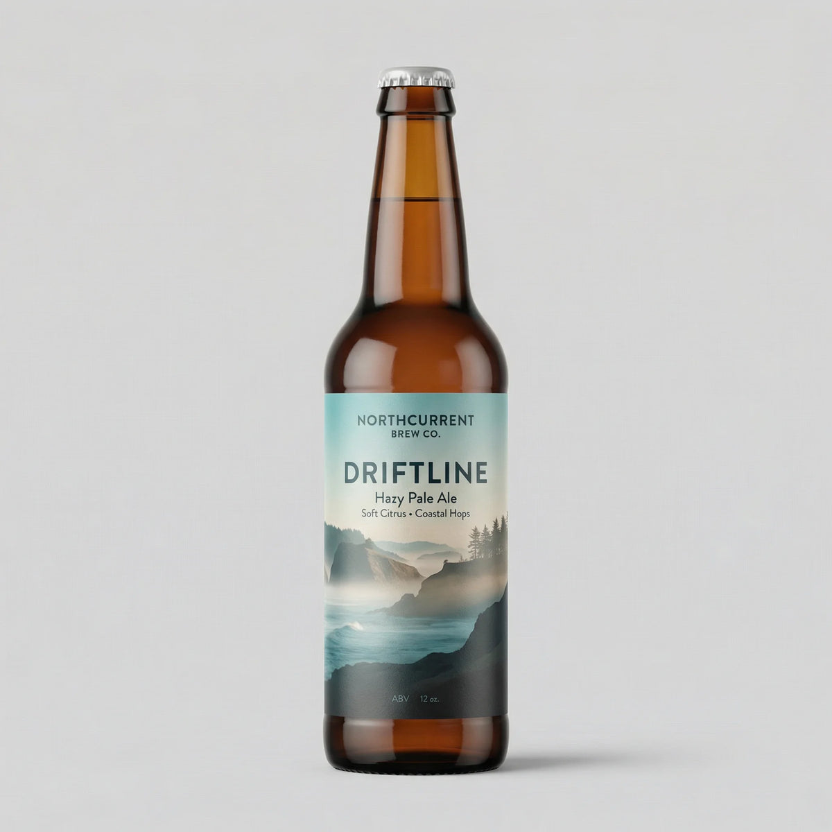 Beer bottle with 'Driftline' label on a gray background