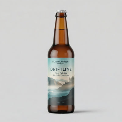 Beer bottle with 'Driftline' label on a gray background