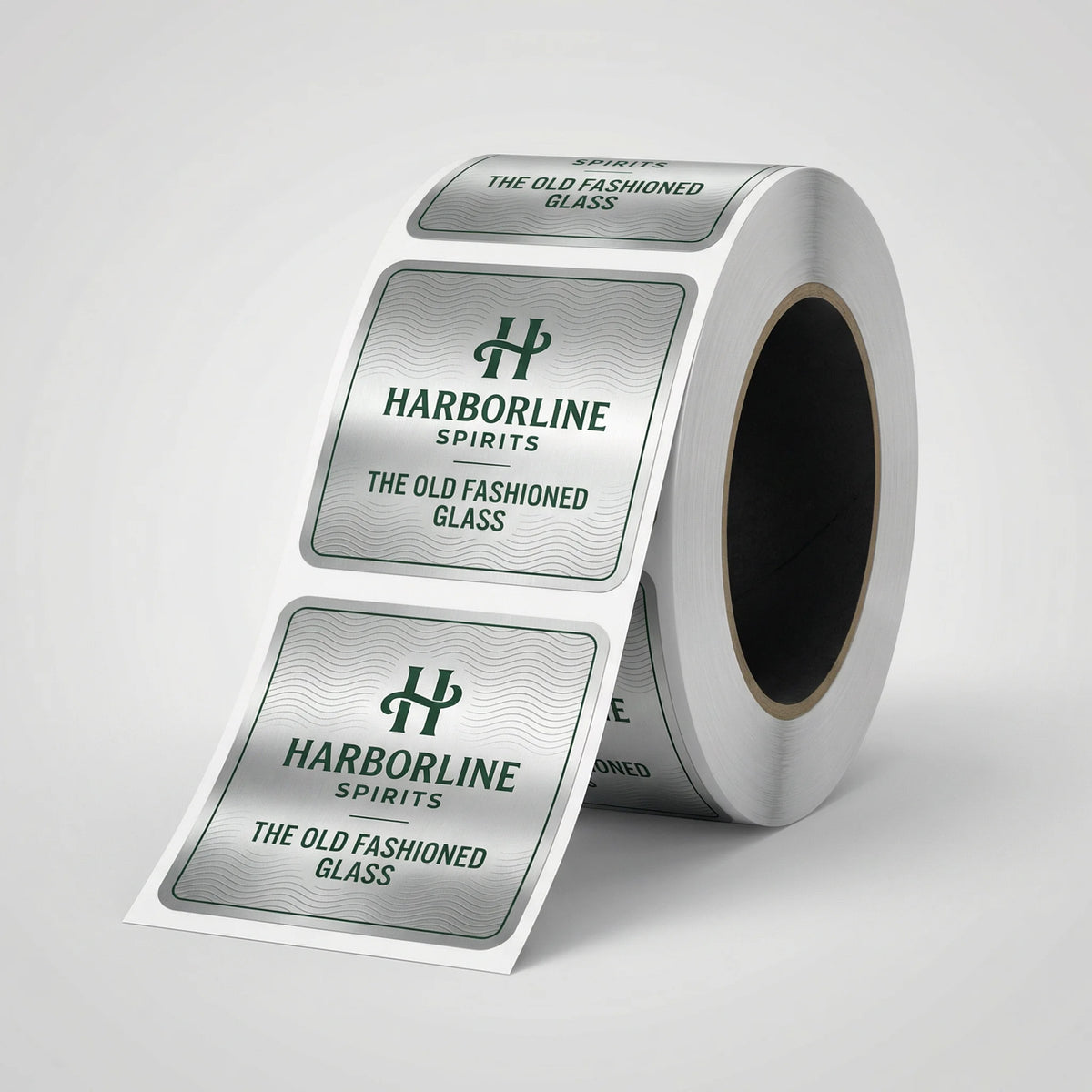 Roll of Harborline Spirits labels on a white background