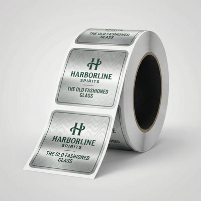 Roll of Harborline Spirits labels on a white background