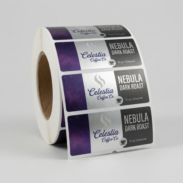 Roll of Celestia Coffee Co. Nebula Dark Roast labels on a gray background