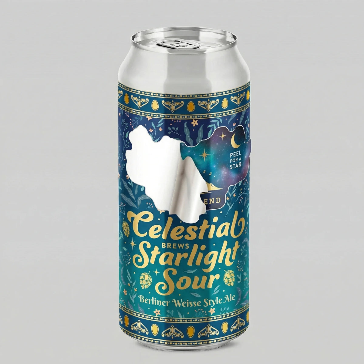 Can of Celestial Starlight Sour beer with celestial design on a gray background