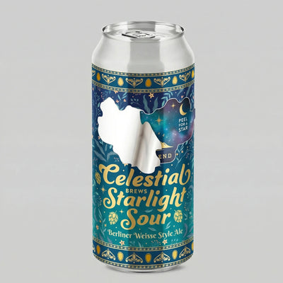 Can of Celestial Starlight Sour beer with celestial design on a gray background