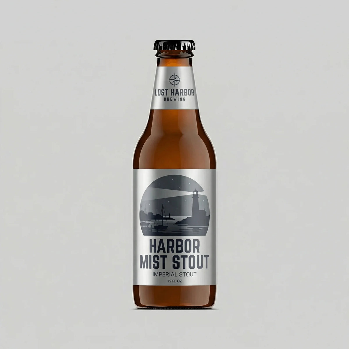 Bottle of Harbor Mist Stout with a label on a gray background