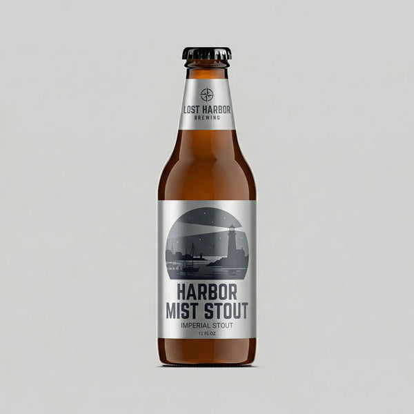 Bottle of Harbor Mist Stout with a label on a gray background