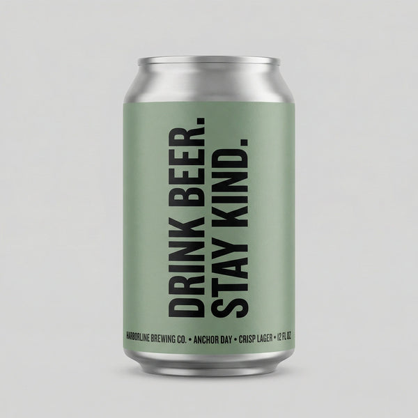 Beer can with 'Drink Beer. Stay Kind.' text on a light gray background