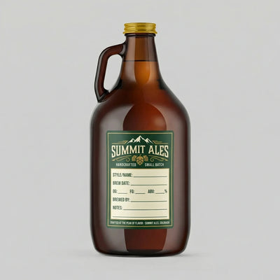 Brown growler with Summit Ales label on a gray background
