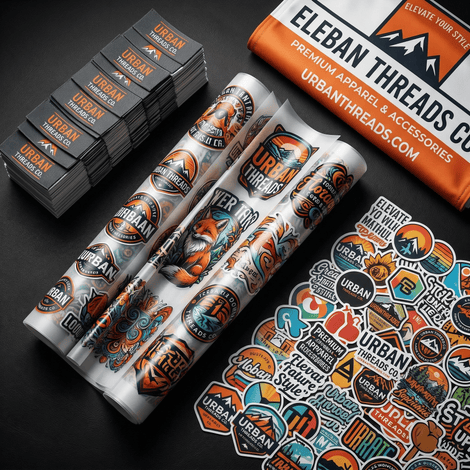 Urban Threads Co. products including stickers and packaging on a dark background