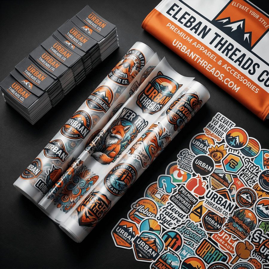 Urban Threads Co. products including stickers and packaging on a dark background