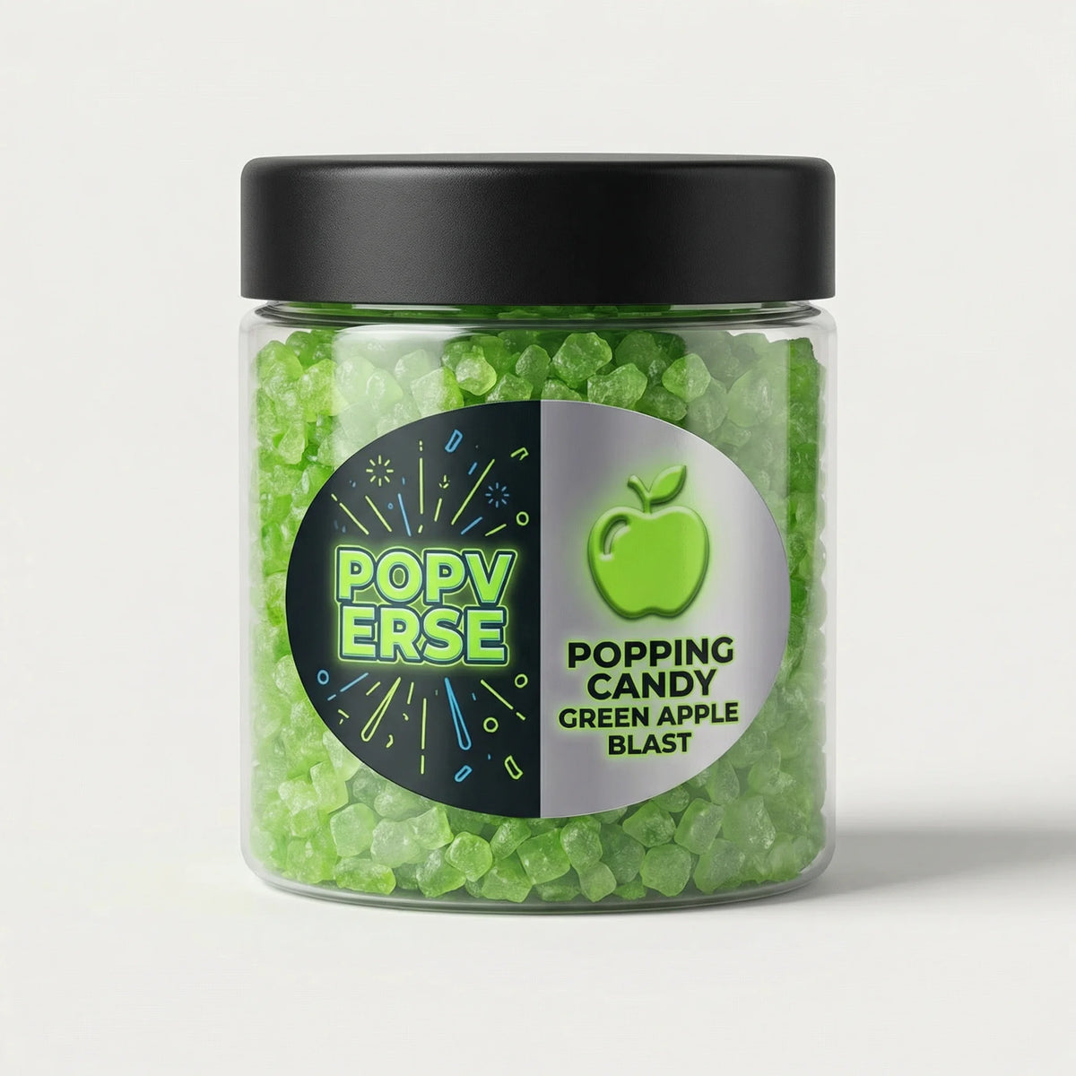 Jar of green popping candy with a black lid on a white background