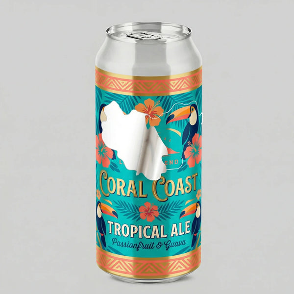 Coral Coast Tropical Ale can with toucan and floral design on a gray background