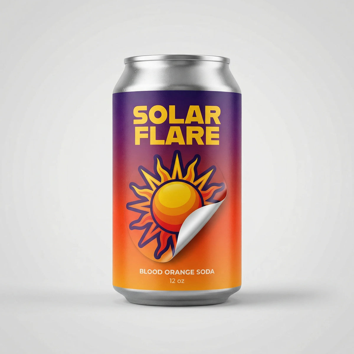 Soda can labeled 'Solar Flare' with a sun design on a white background