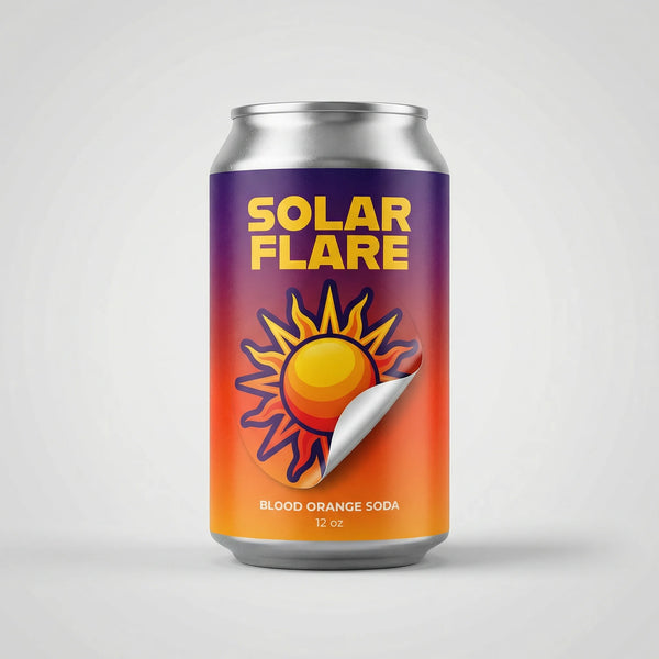 Soda can labeled 'Solar Flare' with a sun design on a white background